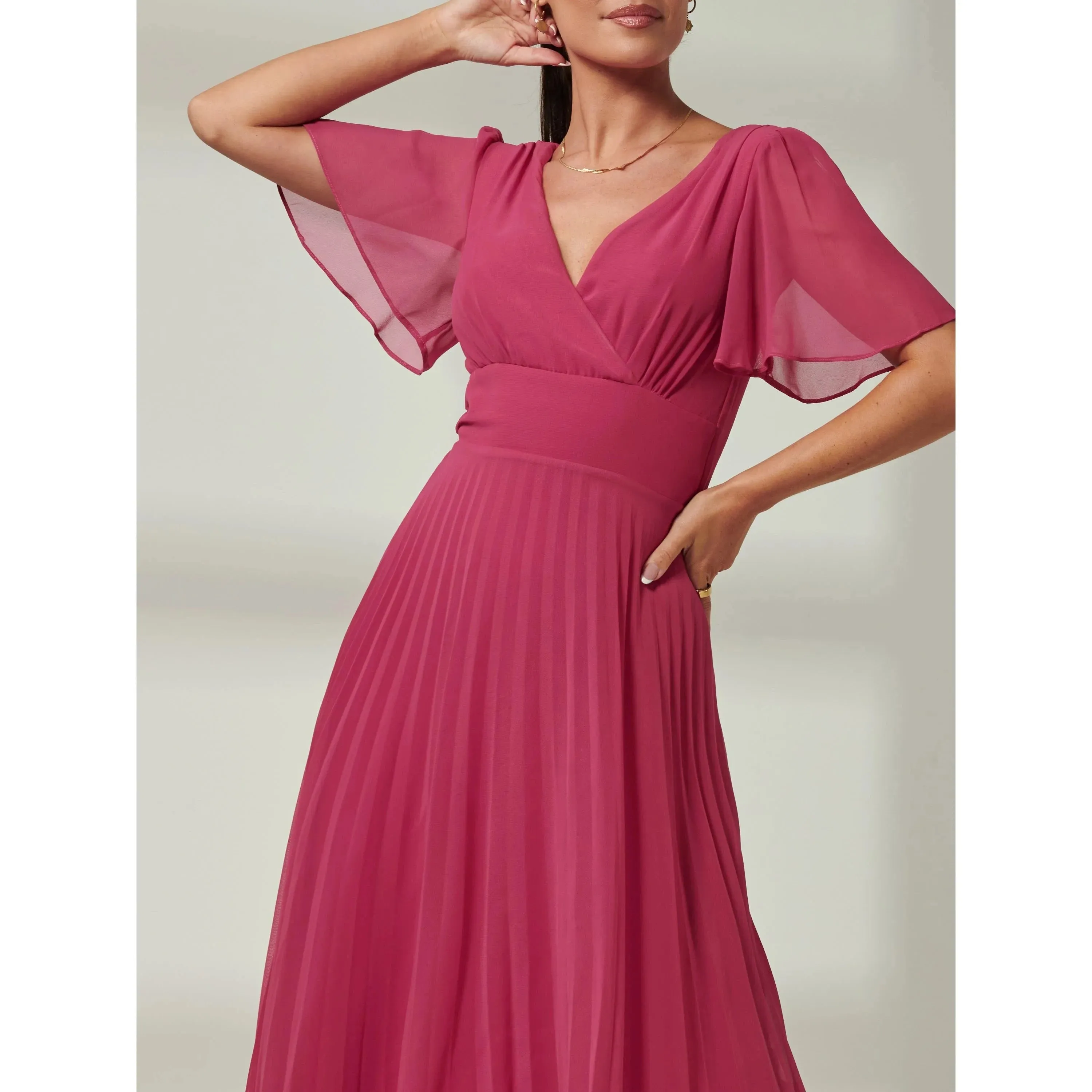 Jolie Moi Fuchsia Pleated Chiffon Dress With Angel Sleeves