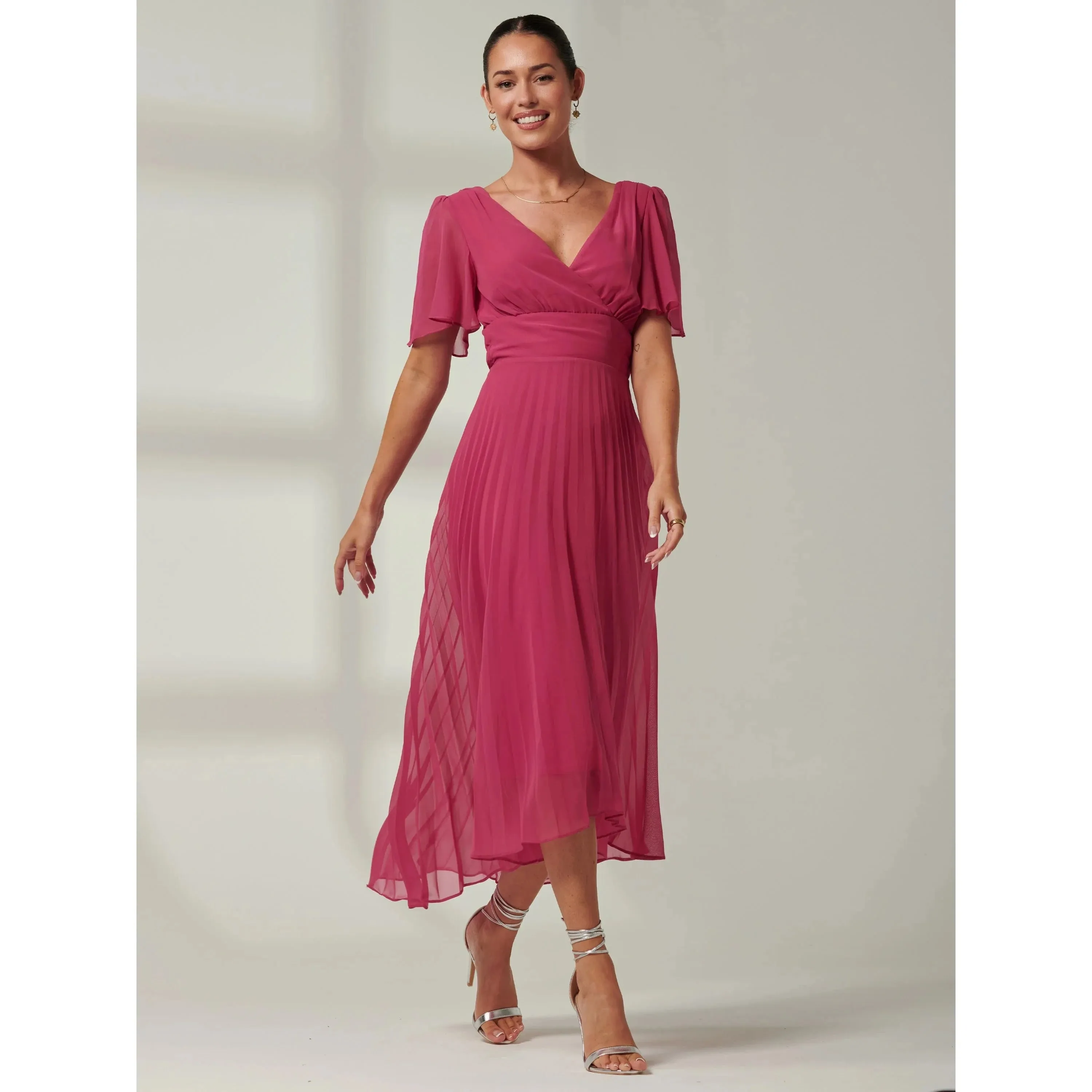 Jolie Moi Fuchsia Pleated Chiffon Dress With Angel Sleeves