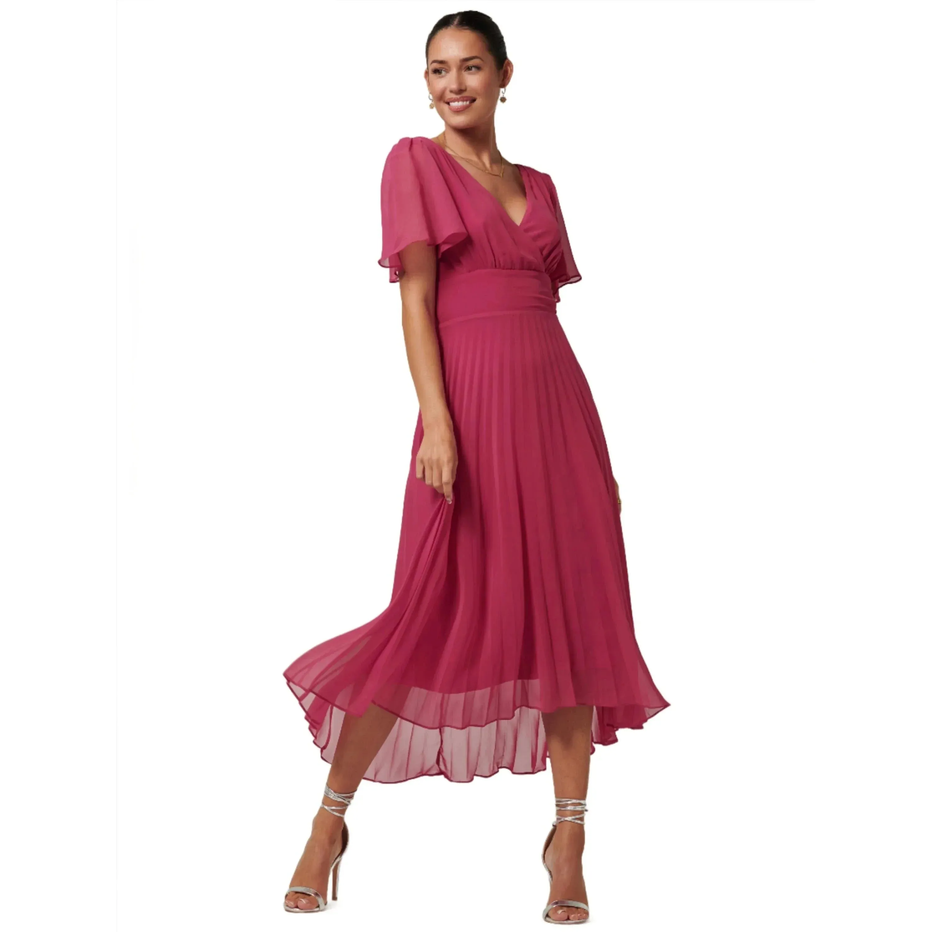 Jolie Moi Fuchsia Pleated Chiffon Dress With Angel Sleeves