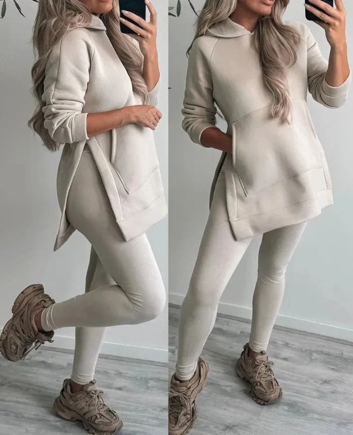 Joskaa Elegant Two Piece Set for Woman Autumn Fashion Side Seam Split Pocket Design Long Sleeve Loose Hoodie High Waist Tight Pants Set