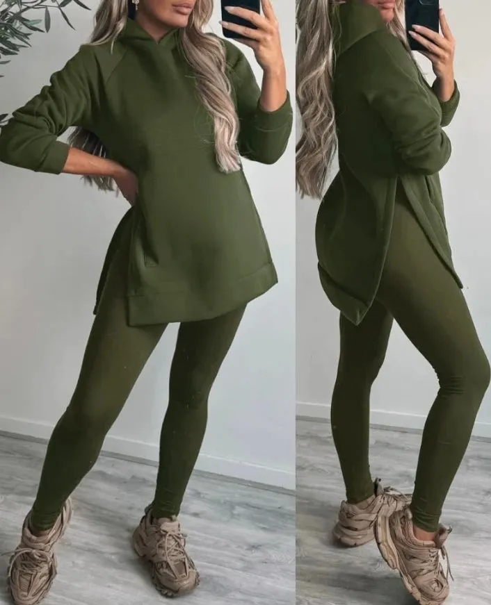 Joskaa Elegant Two Piece Set for Woman Autumn Fashion Side Seam Split Pocket Design Long Sleeve Loose Hoodie High Waist Tight Pants Set