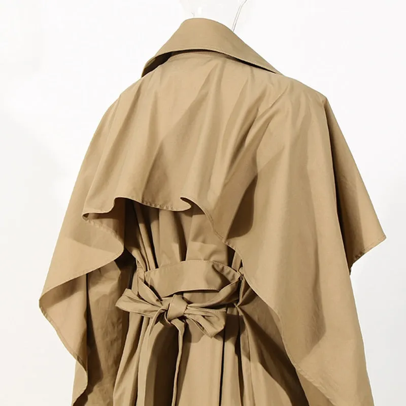 Khaki Ruffle Cloak Windbreaker For Women Notched High Waist Ruched Belt Bowknot Trench Coat Female Fashion