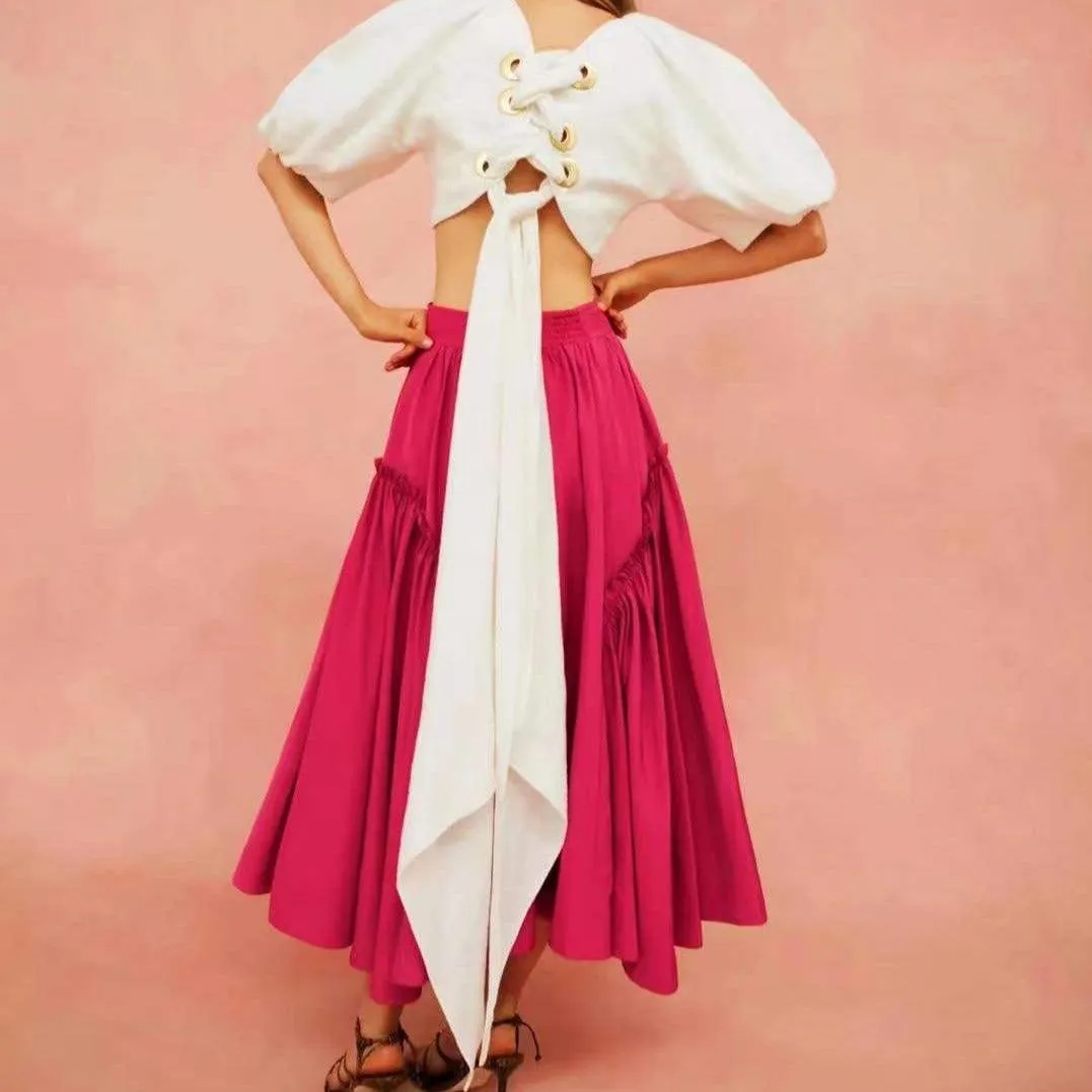 KittenAlarm - Dannie Puff Sleeve Crop Top & Maxi Length Pleated Skirt Set