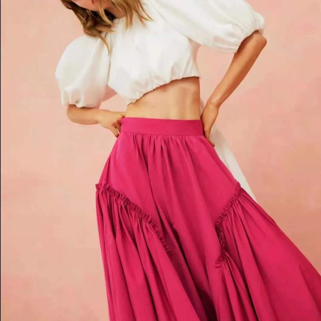 KittenAlarm - Dannie Puff Sleeve Crop Top & Maxi Length Pleated Skirt Set