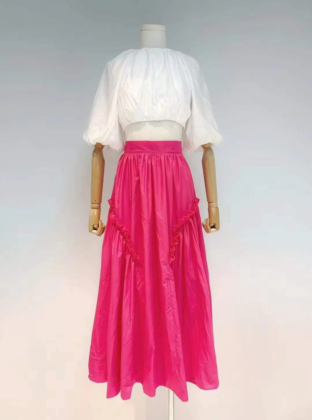 KittenAlarm - Dannie Puff Sleeve Crop Top & Maxi Length Pleated Skirt Set