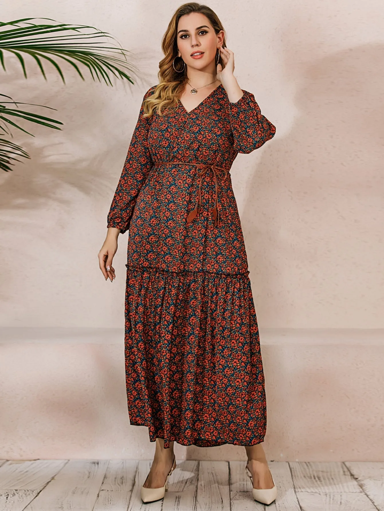 KittenAlarm - French Elegant Large Size Oversize Red Printed Long Sleeve V-Neck Dress