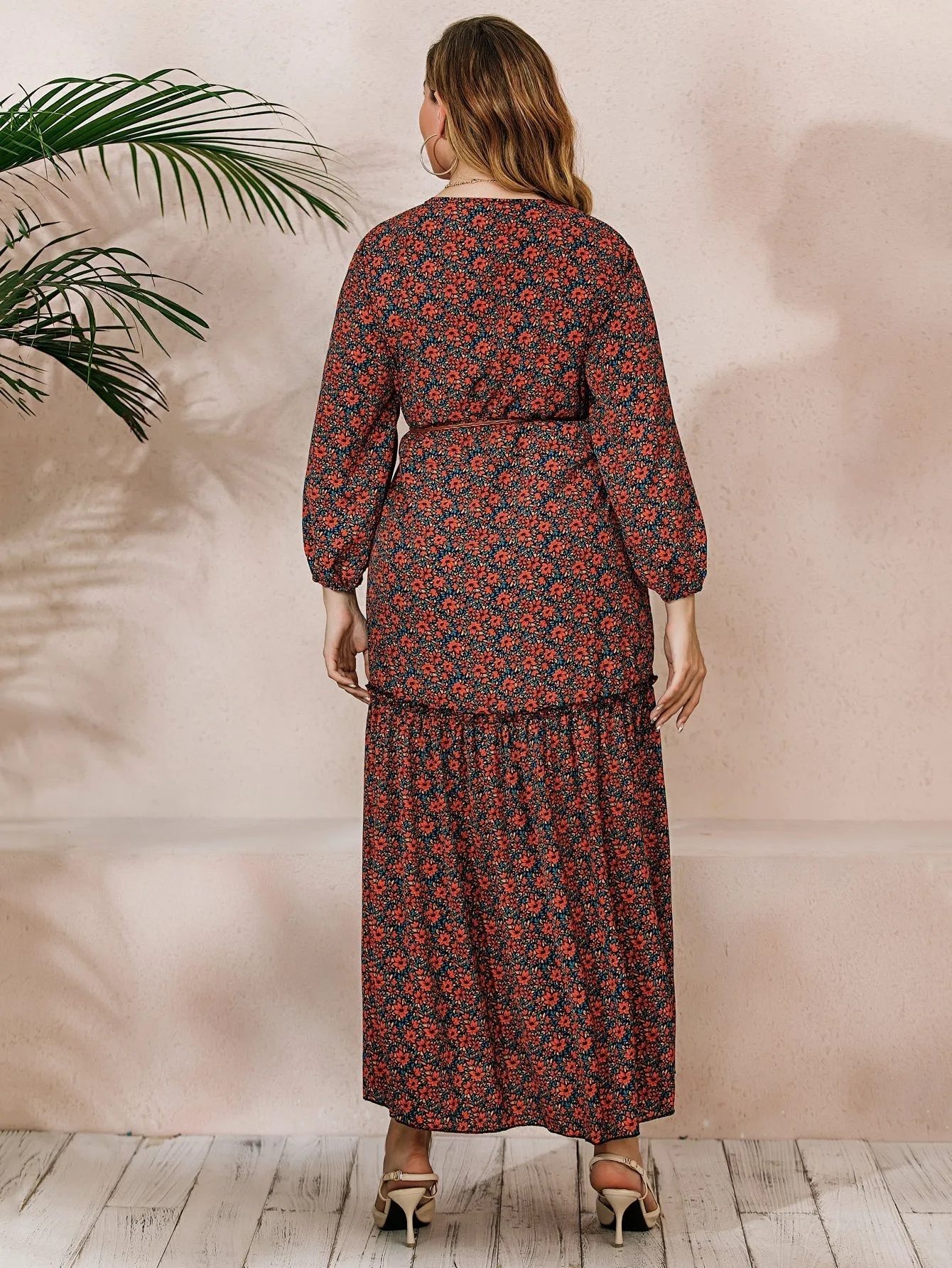 KittenAlarm - French Elegant Large Size Oversize Red Printed Long Sleeve V-Neck Dress