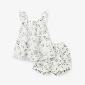 Koala Print Organic Muslin Flutter Sleeve Dress & Bloomer Set