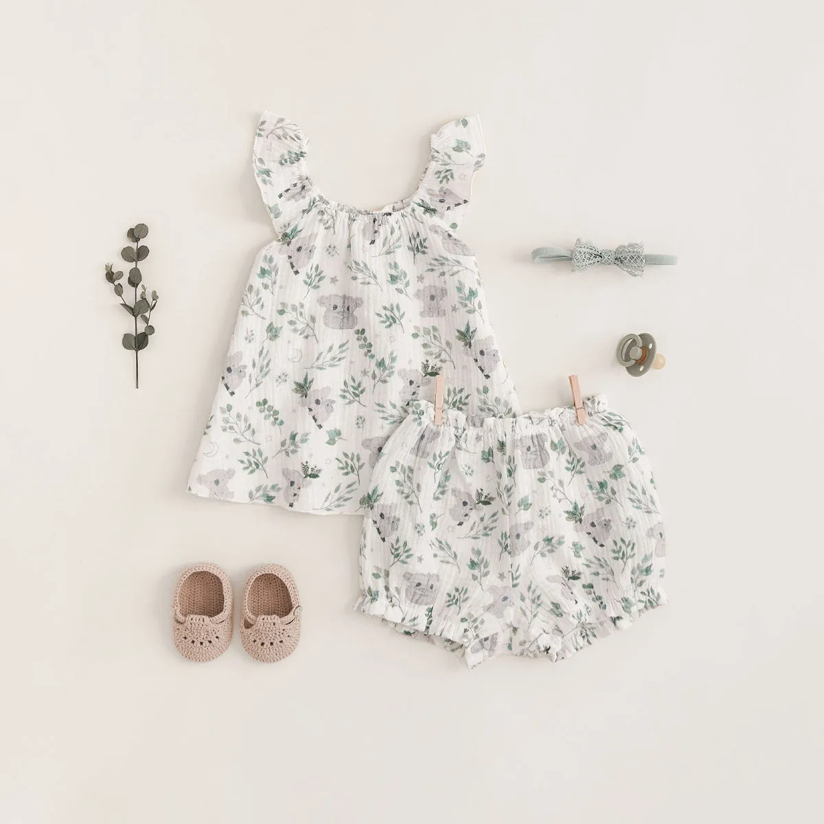 Koala Print Organic Muslin Flutter Sleeve Dress & Bloomer Set