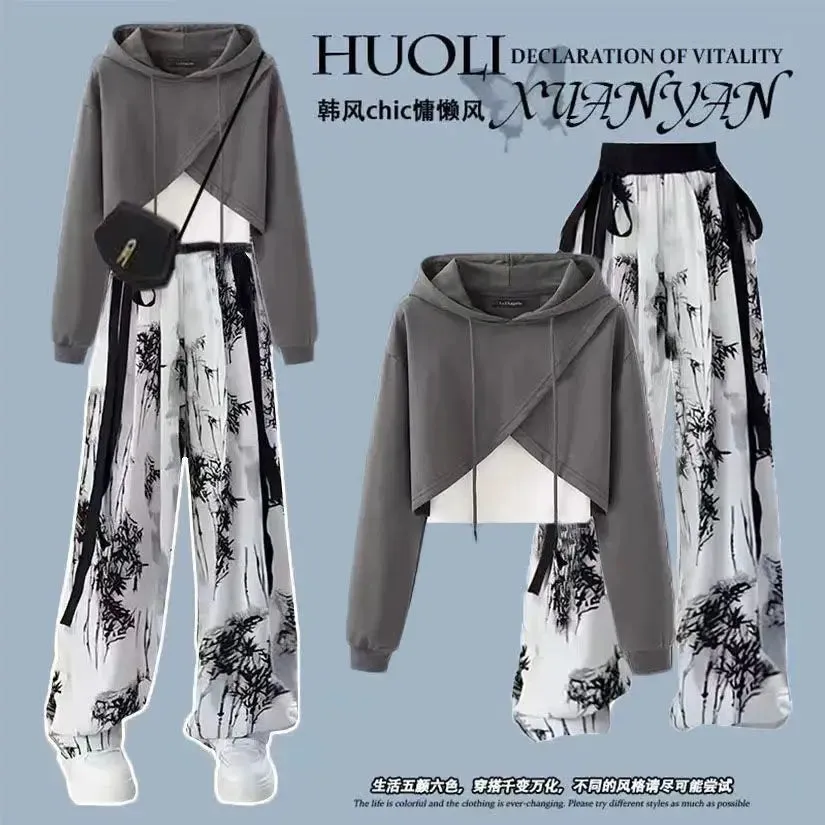 Korean Style Casual Hoodie Retro Ink Style Wide Leg Pants Two-piece Set Elegant Women's Pants Set Student Sports Set