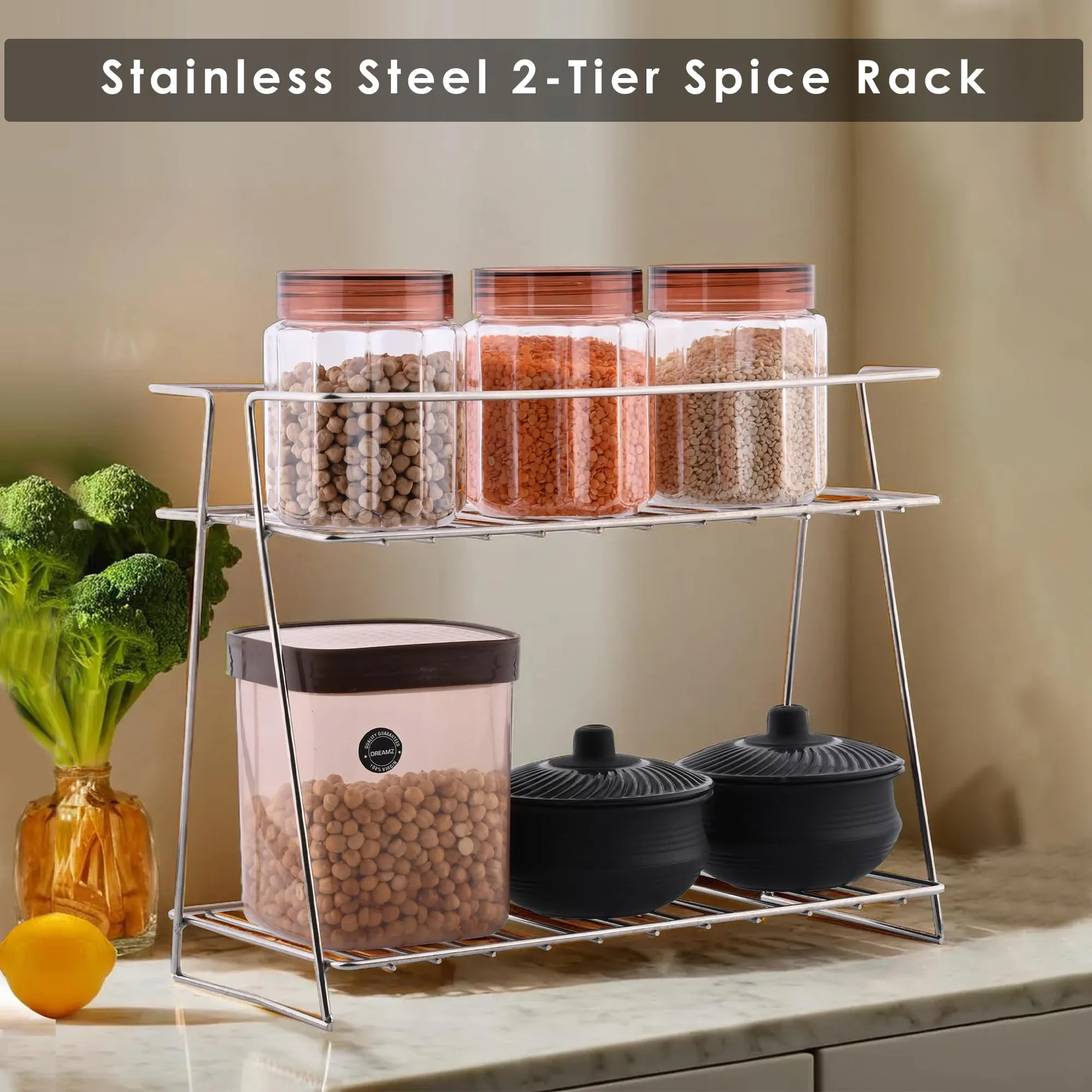 Kuber Industries (Set of 6) Multipurpose Counter Top Spice Rack Trolley Organizer 2-Layer Stainless Steel Corner Stand for Kitchen | Silver