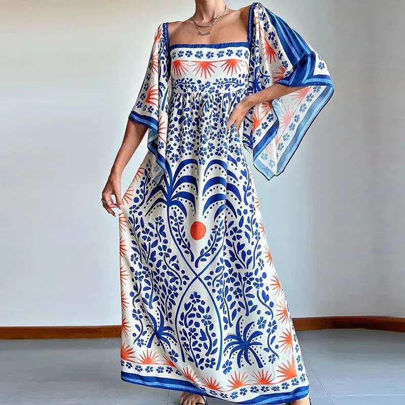 Lady Vintage Print Maxi Dress Square Collar Loose Beach Elegant Elegant Dress