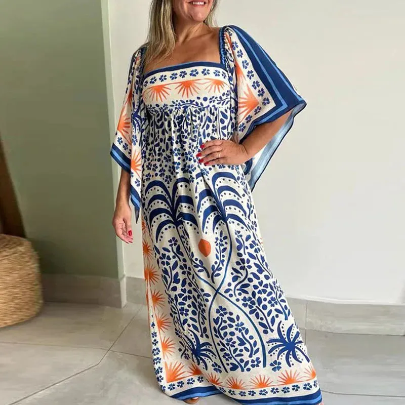 Lady Vintage Print Maxi Dress Square Collar Loose Beach Elegant Elegant Dress