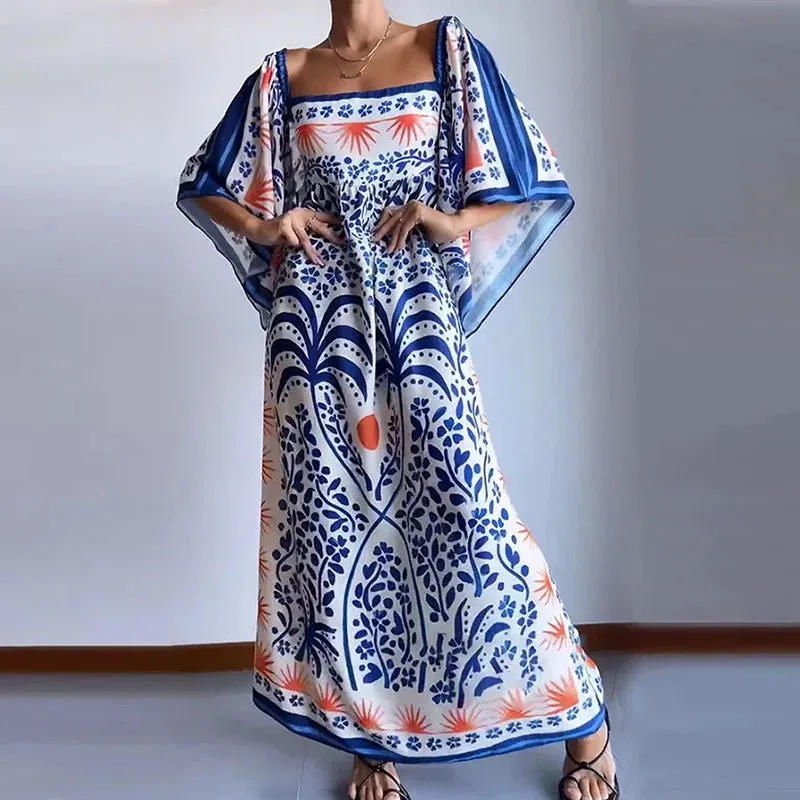 Lady Vintage Print Maxi Dress Square Collar Loose Beach Elegant Elegant Dress