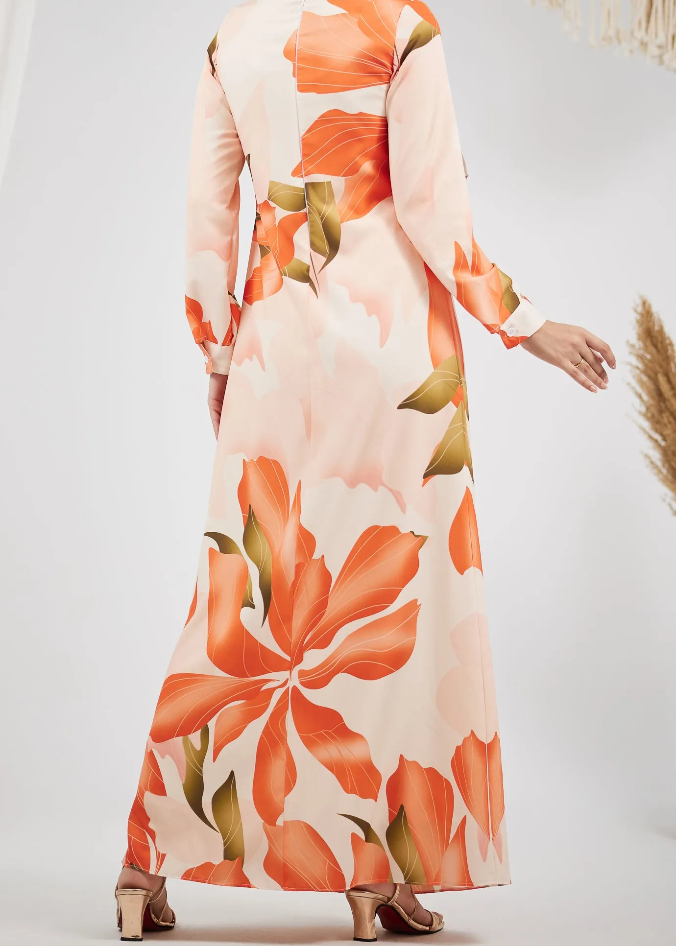 Lamya Radiant Floral Satin Maxi Dress with Belt and Lined Sleeves