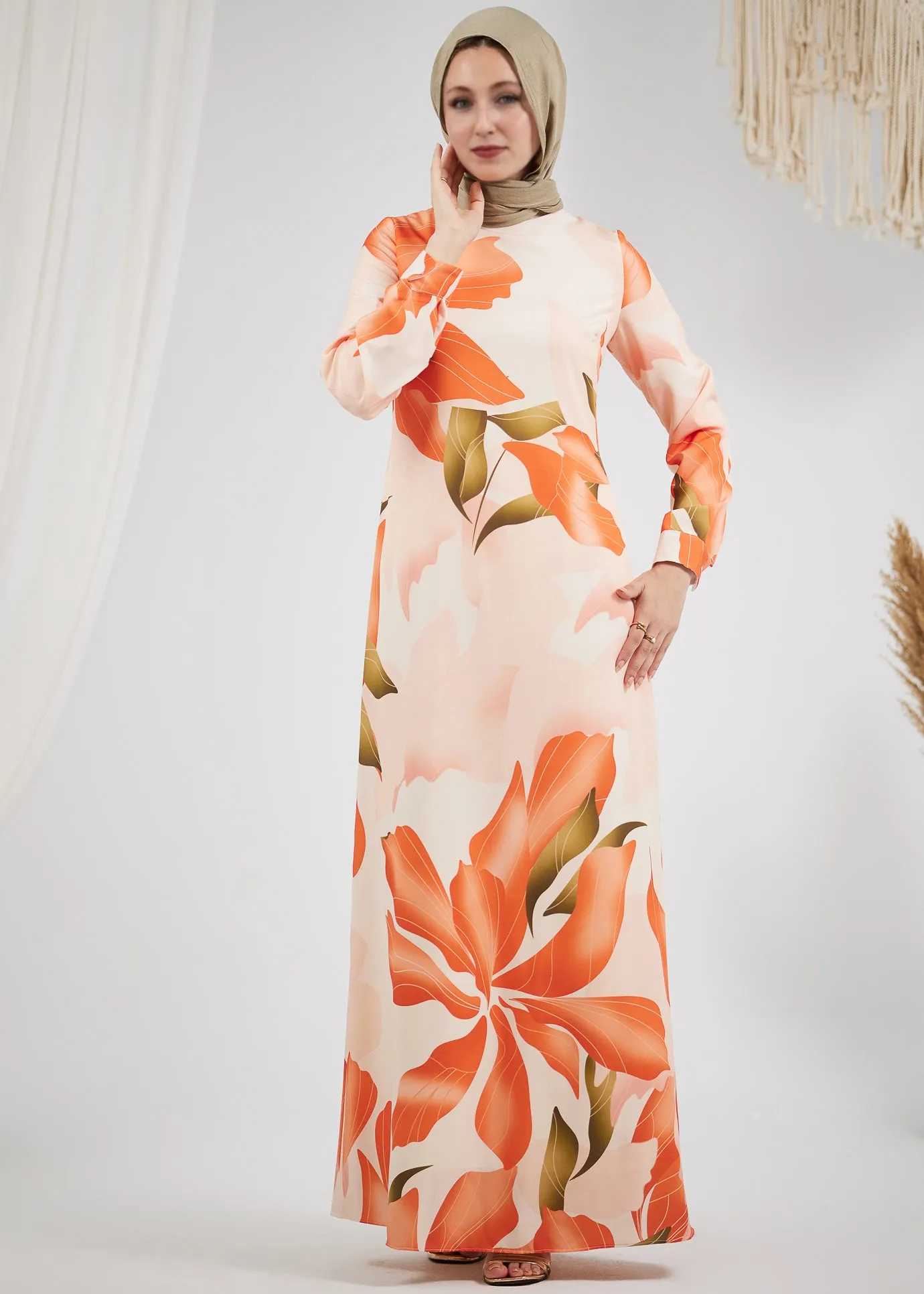 Lamya Radiant Floral Satin Maxi Dress with Belt and Lined Sleeves