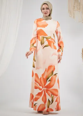 Lamya Radiant Floral Satin Maxi Dress with Belt and Lined Sleeves