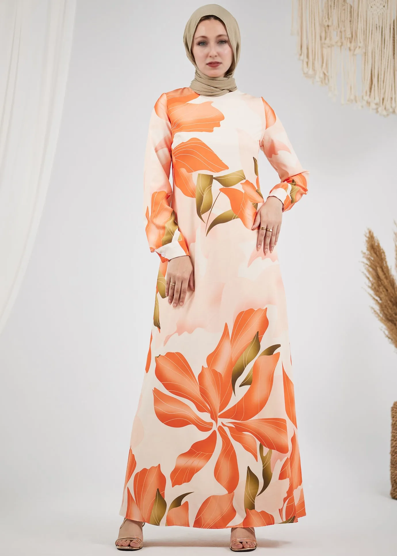 Lamya Radiant Floral Satin Maxi Dress with Belt and Lined Sleeves