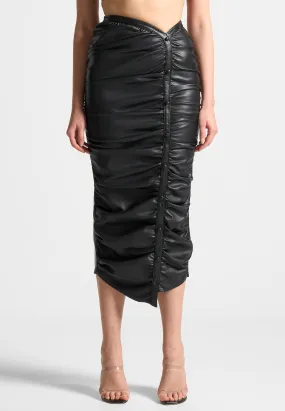 Leather Ruched Midaxi Skirt - Black