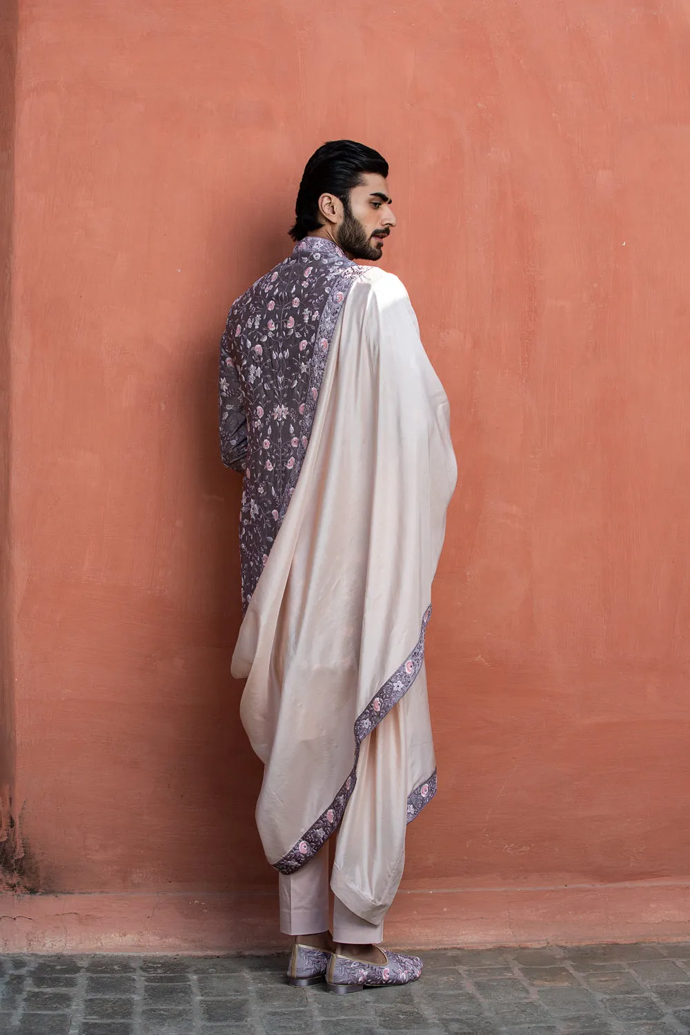 Lilac Taffeta Floral Embroidered Achkan with Kurta and Pant