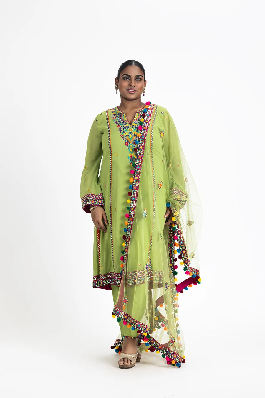 LIME GREEN GEORGETTE KURTA WITH RAW SILK TROUSER AND NET DUPATTA