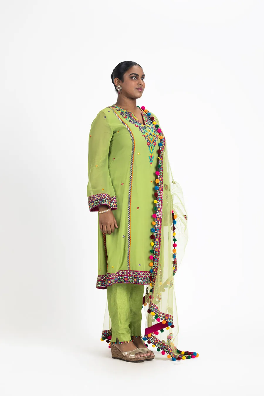 LIME GREEN GEORGETTE KURTA WITH RAW SILK TROUSER AND NET DUPATTA