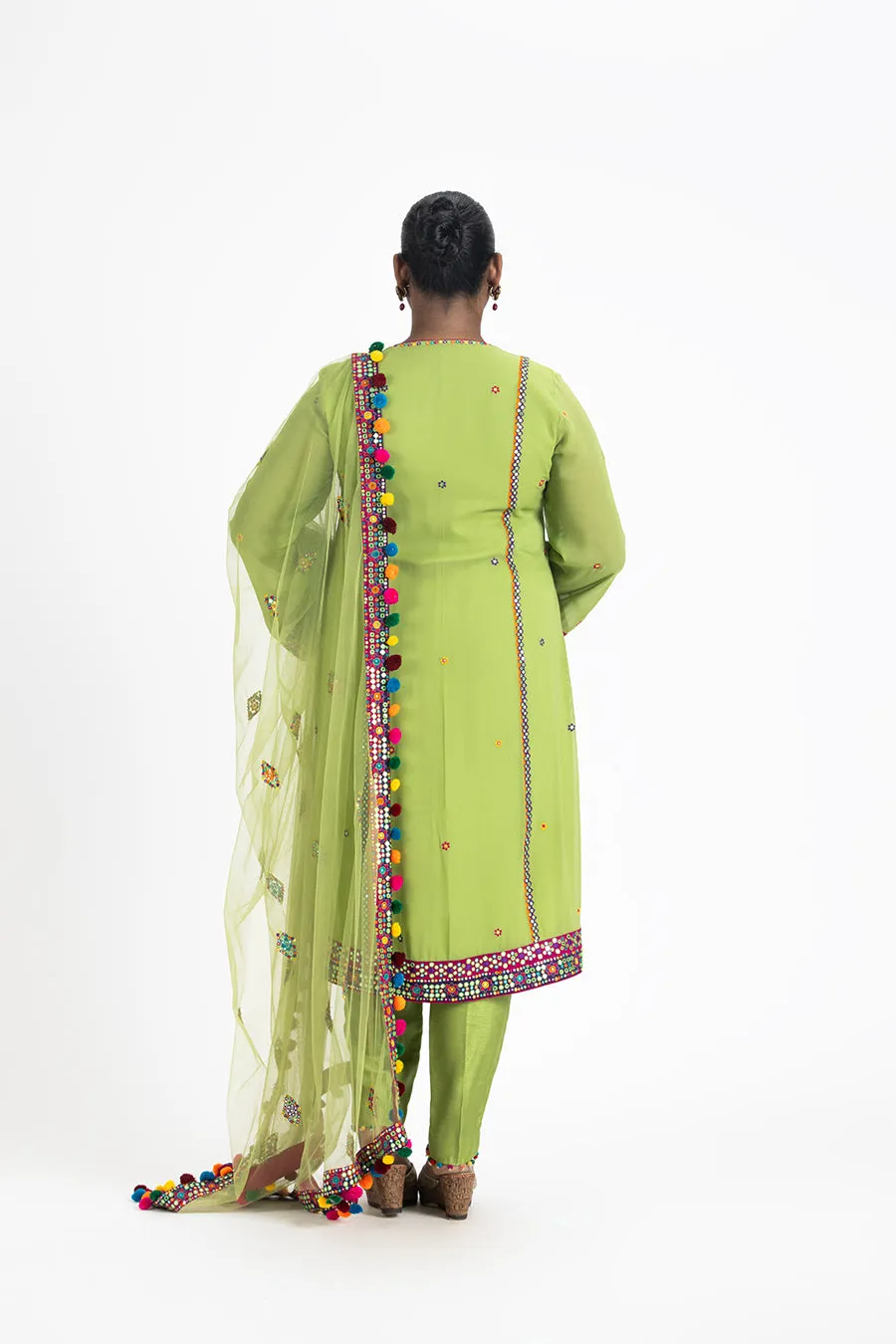 LIME GREEN GEORGETTE KURTA WITH RAW SILK TROUSER AND NET DUPATTA