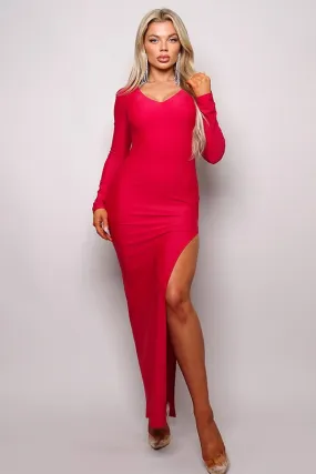 Long Sleeve V Neck Open Back Maxi Dress