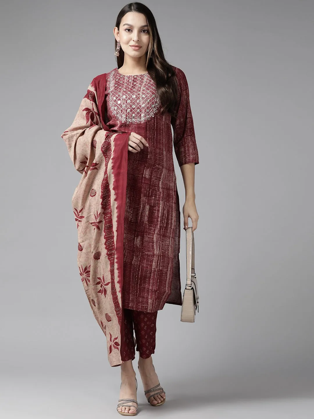 Maroon Sequinned Dupatta Set