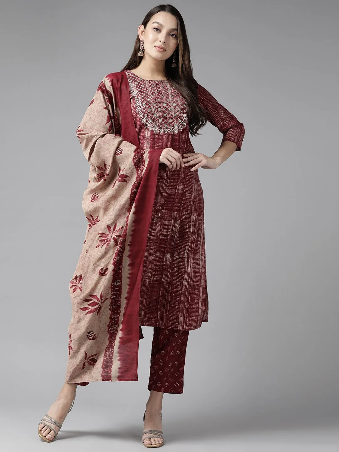 Maroon Sequinned Dupatta Set