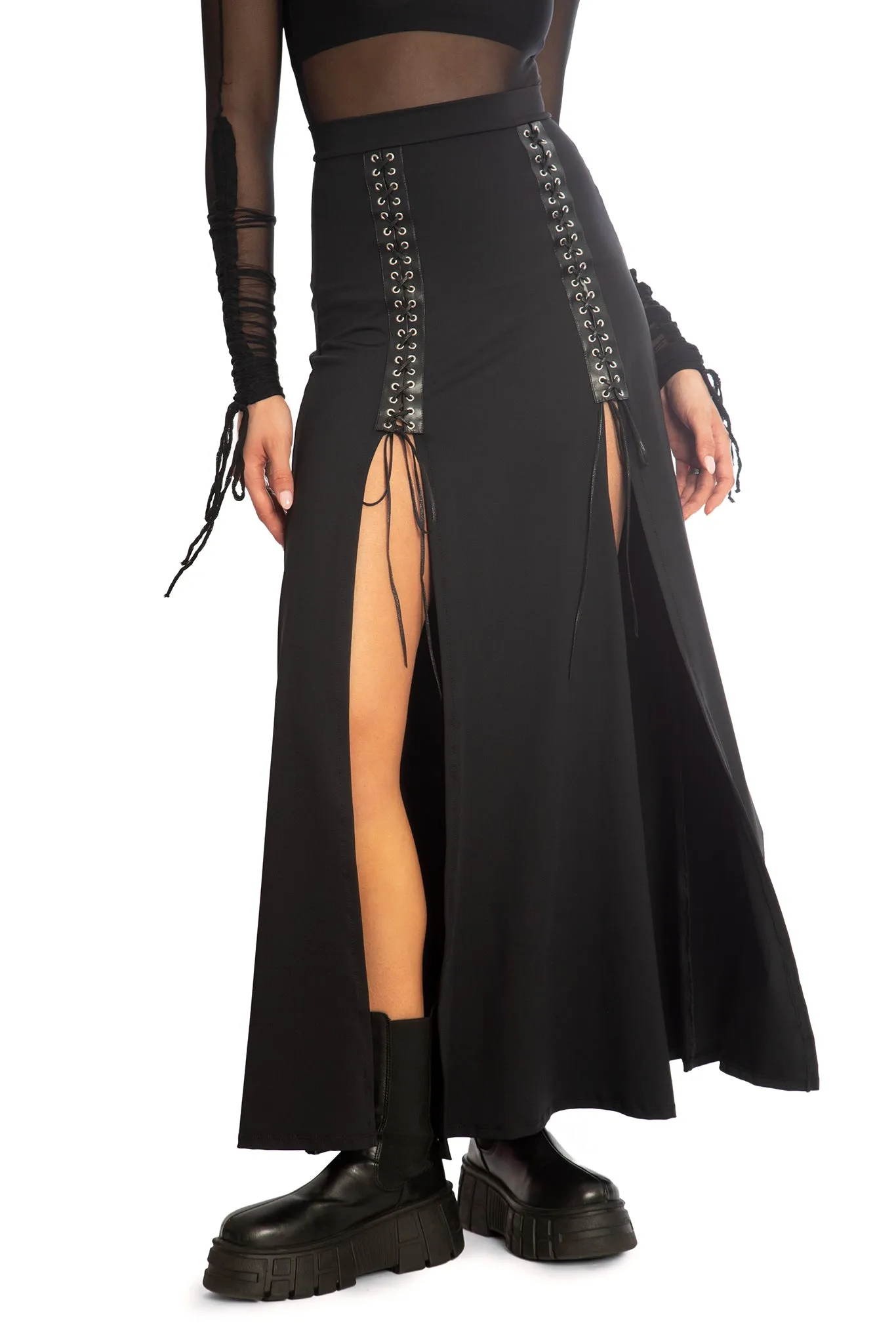 Matte Black Laced Split Skirt