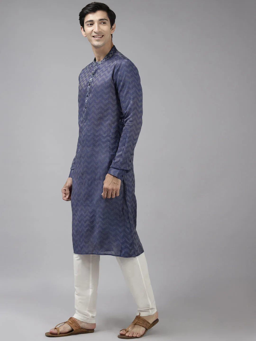 Men Purple & Beige Woven Design Thread Work Kurta With Pyjama