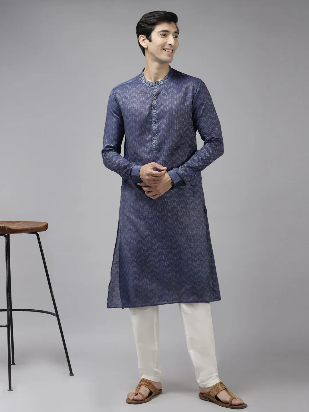 Men Purple & Beige Woven Design Thread Work Kurta With Pyjama