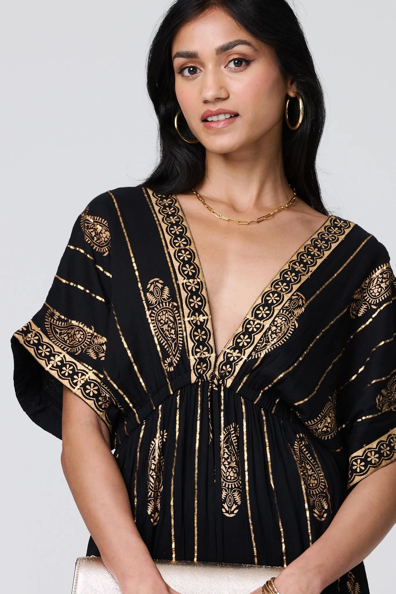 Metallic Print V-Neck Kimono Maxi Dress