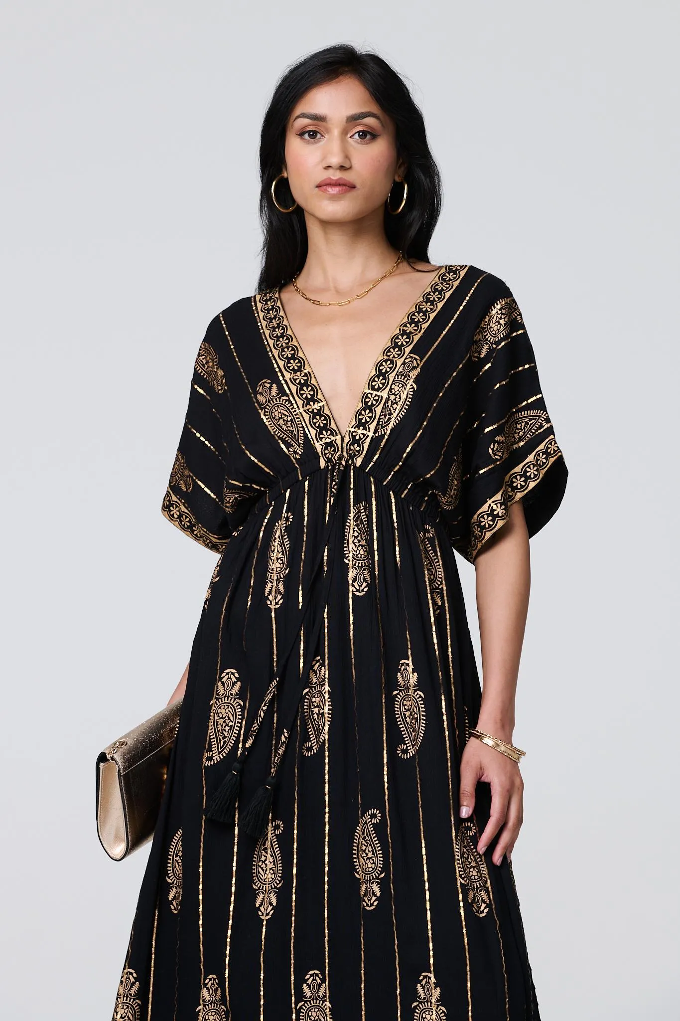 Metallic Print V-Neck Kimono Maxi Dress