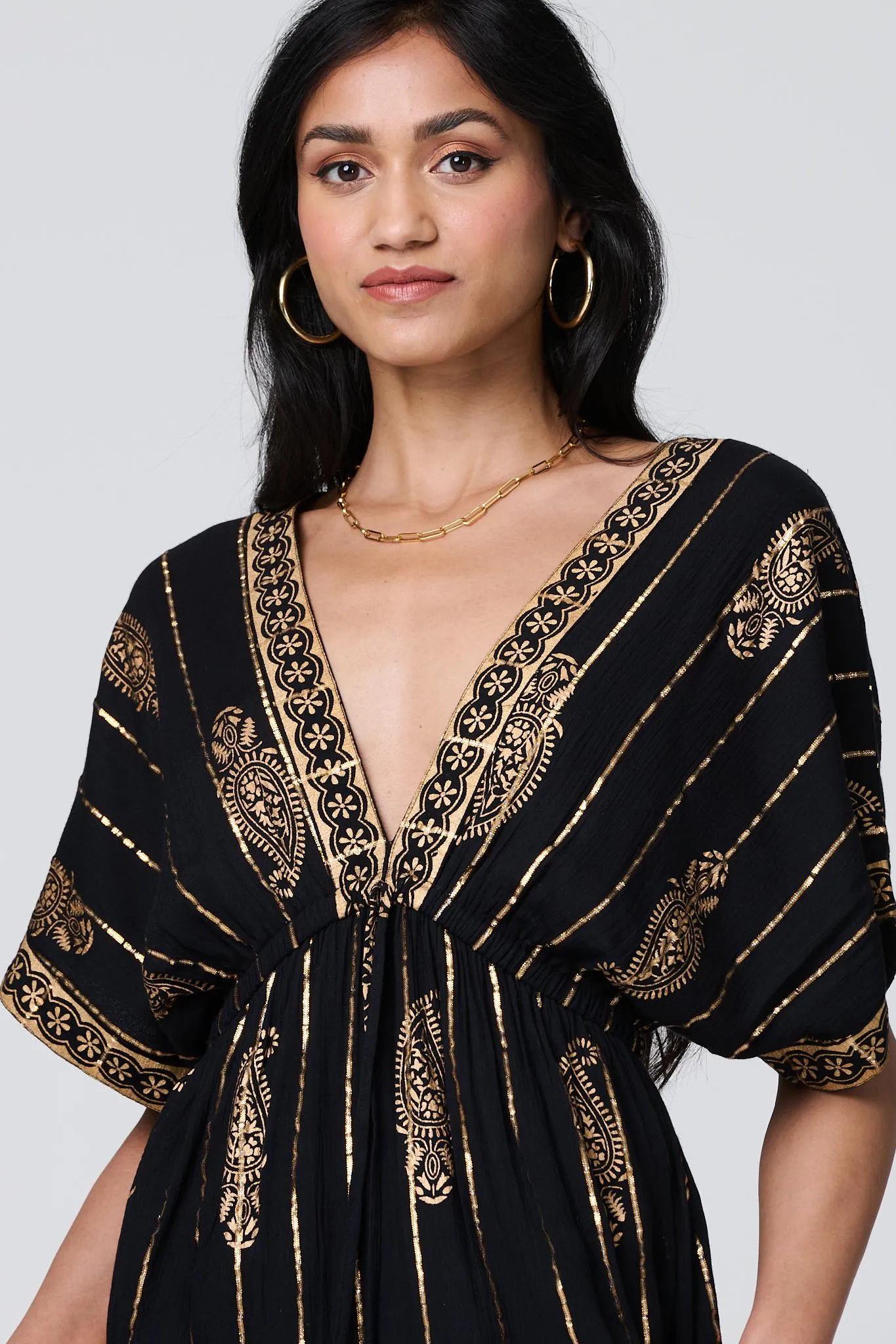 Metallic Print V-Neck Kimono Maxi Dress