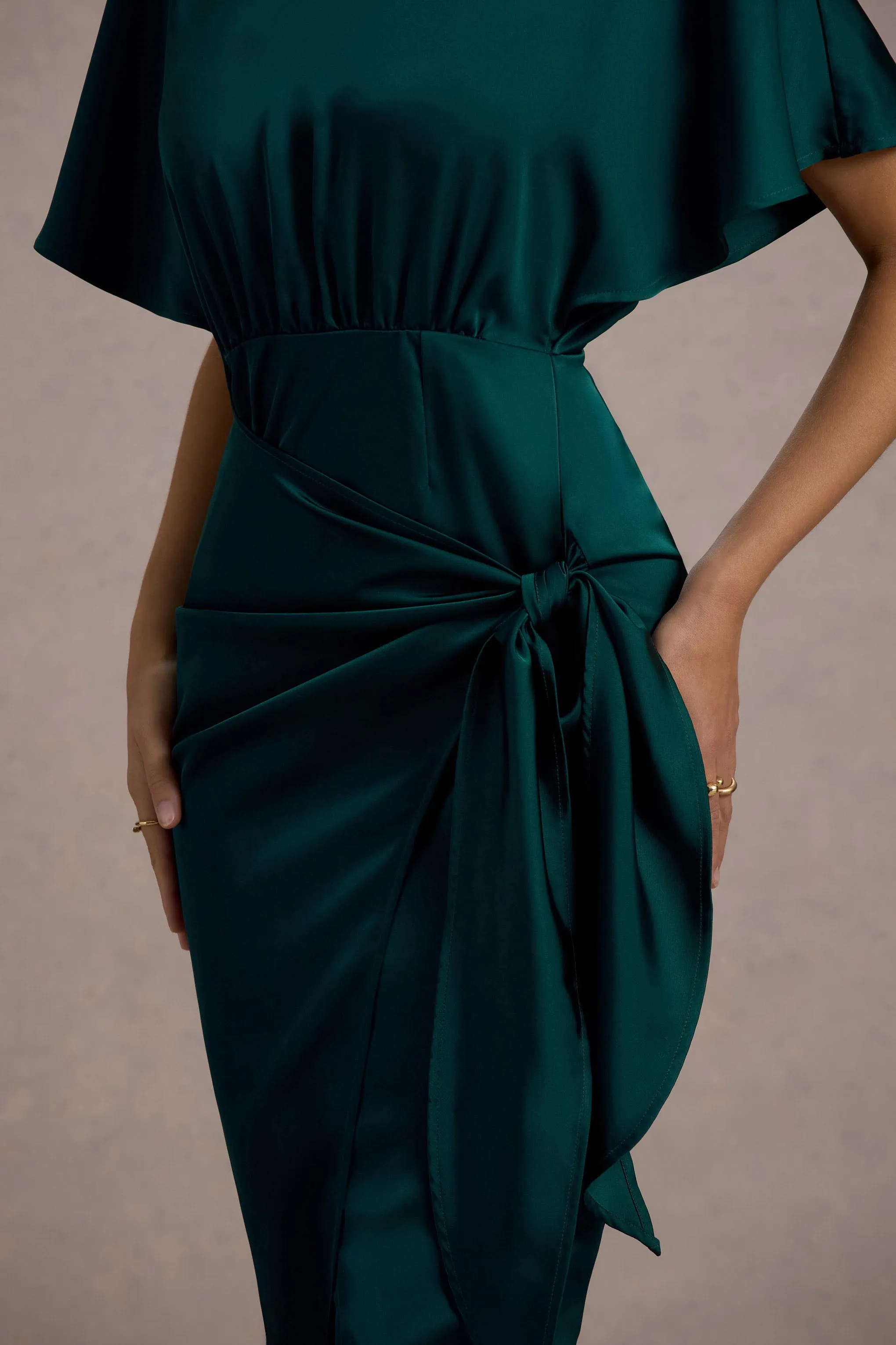 Mika | Bottle Green Satin Short-Sleeve Wrap Maxi Dress