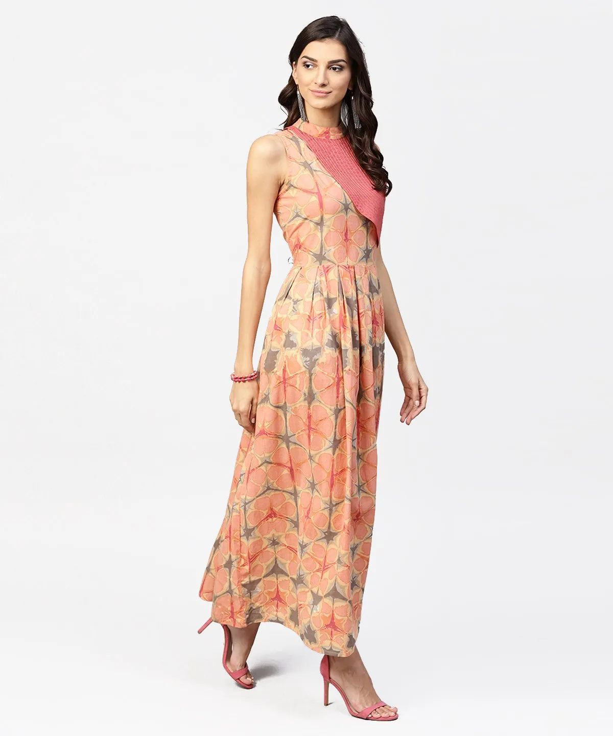 Multi Colored Maxi Dress With Madarin Collar With Overlapped Jacket