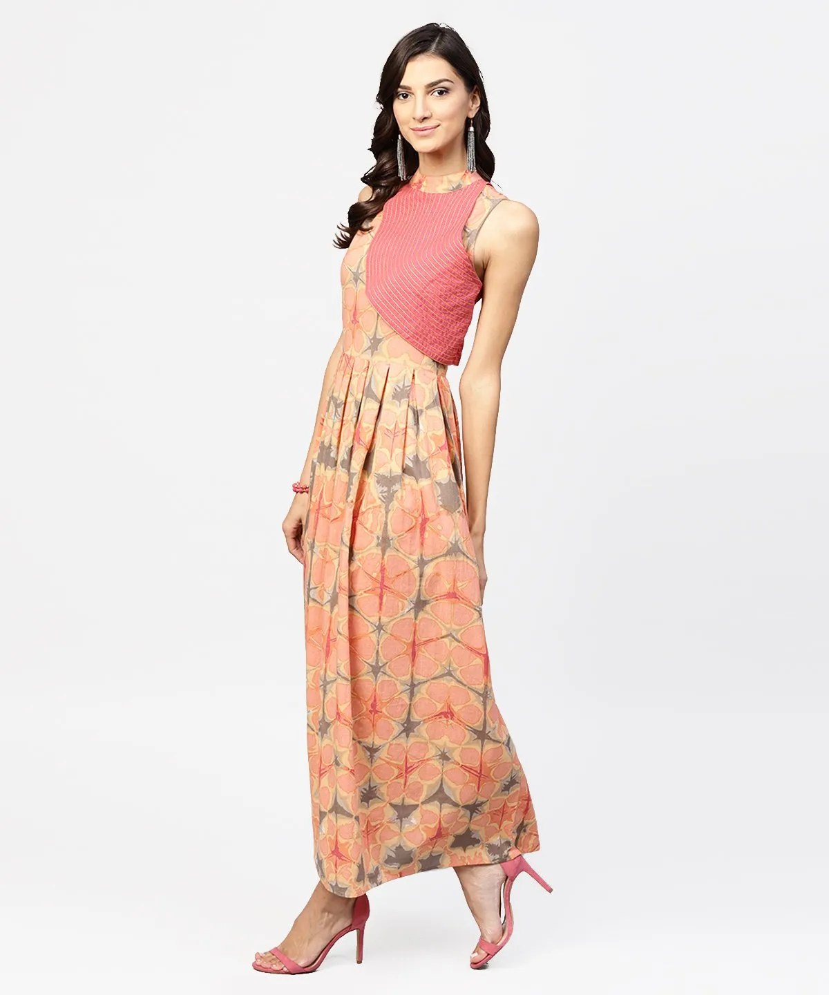 Multi Colored Maxi Dress With Madarin Collar With Overlapped Jacket