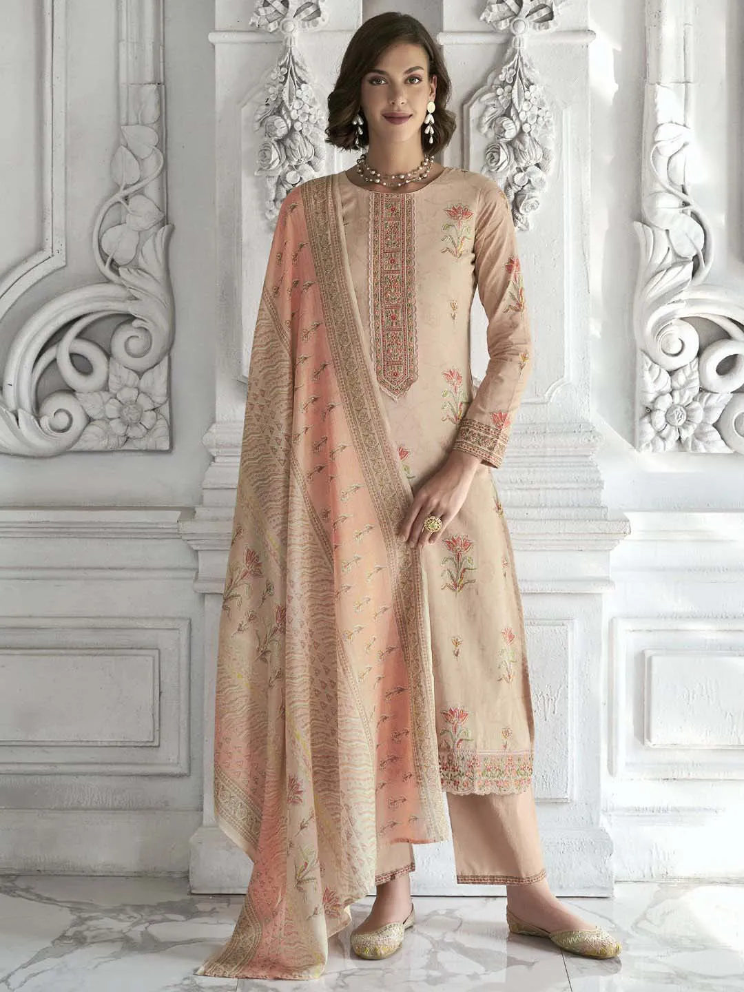 Mumtaz Arts Cotton Embroidered Unstitched Suit Set Peach