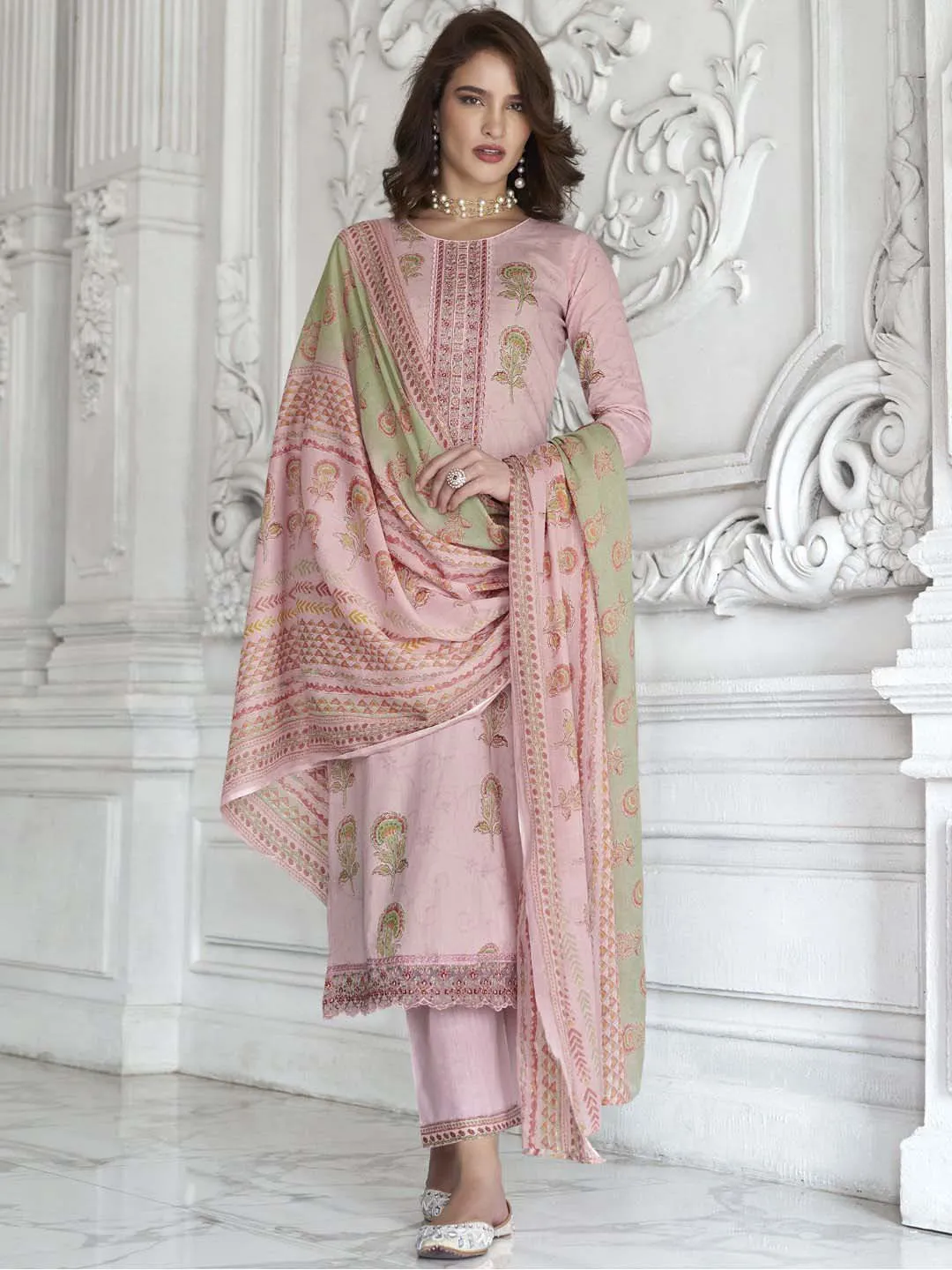 Mumtaz Arts Cotton Embroidered Unstitched Suit Set Pink