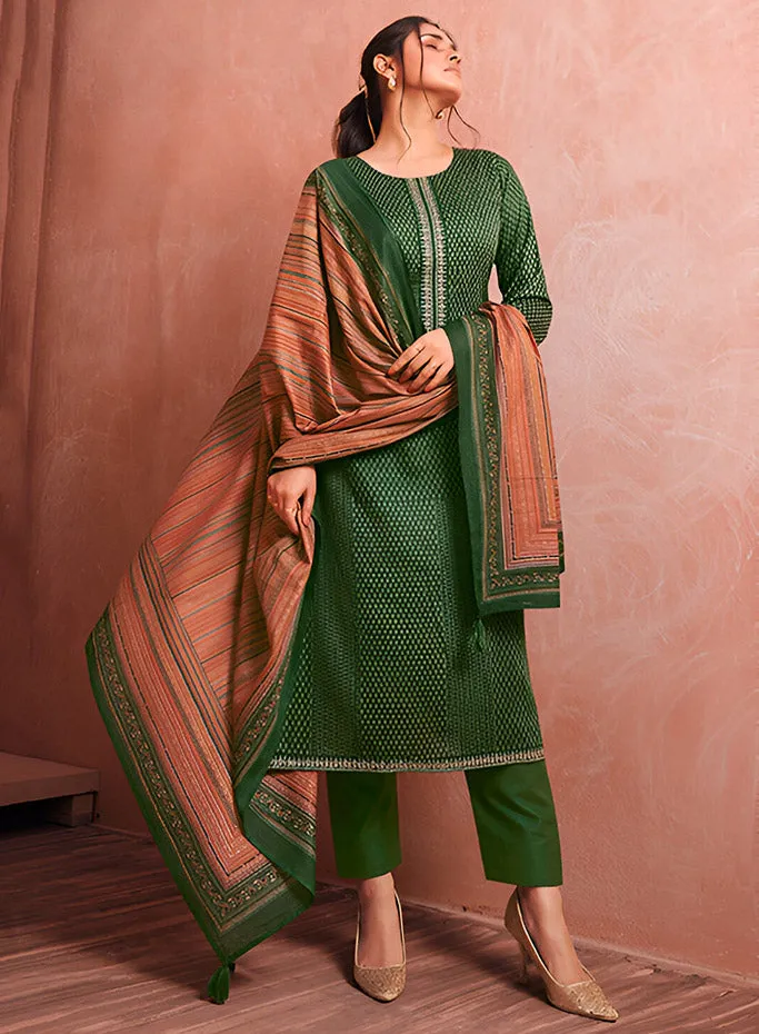 Mumtaz Arts Green Cotton Satin Unstitched Suit Material with Embroidery