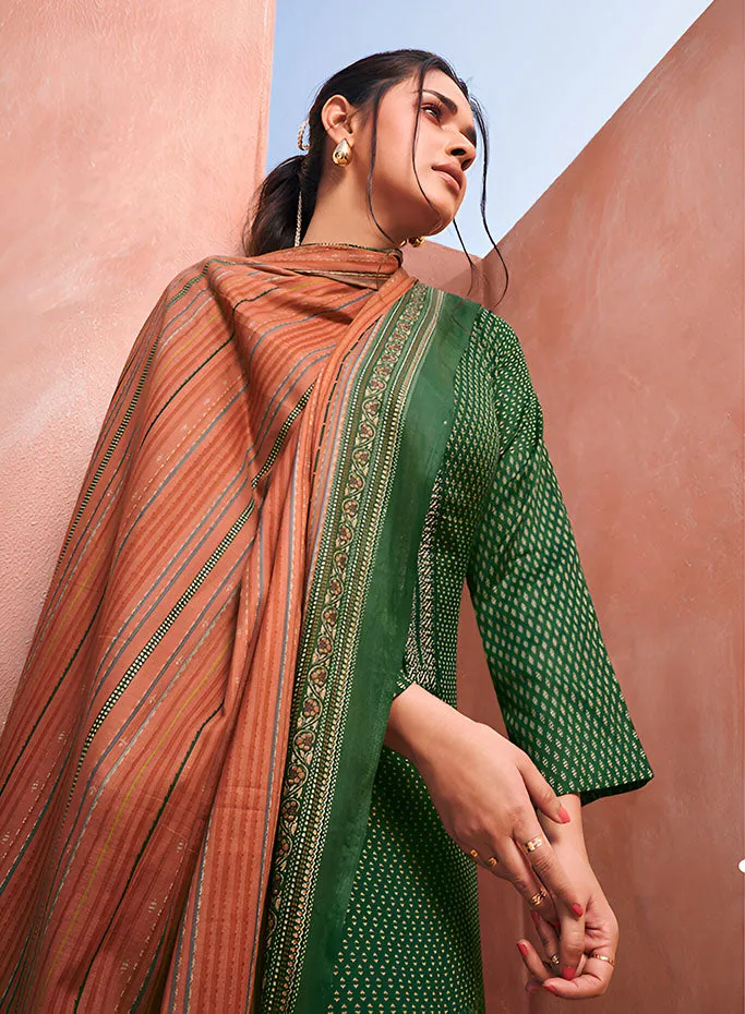 Mumtaz Arts Green Cotton Satin Unstitched Suit Material with Embroidery