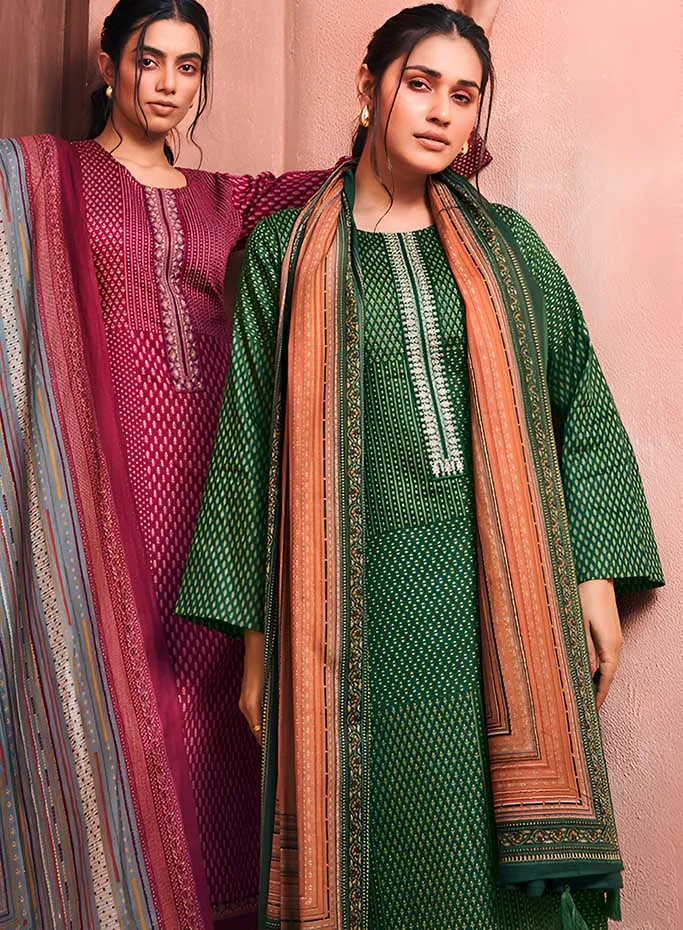 Mumtaz Arts Green Cotton Satin Unstitched Suit Material with Embroidery