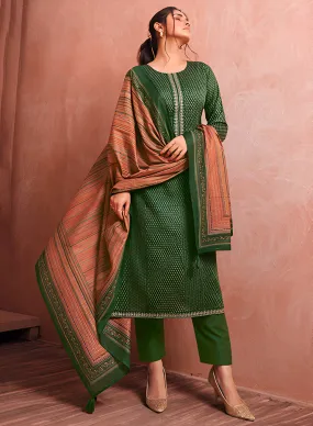 Mumtaz Arts Green Cotton Satin Unstitched Suit Material with Embroidery