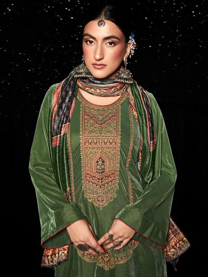 Mumtaz Arts Unstitched Green Winter Velvet Salwar Suits for Women