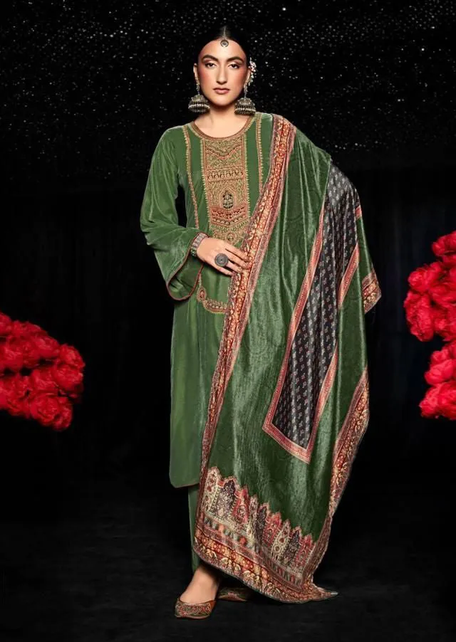 Mumtaz Arts Unstitched Green Winter Velvet Salwar Suits for Women