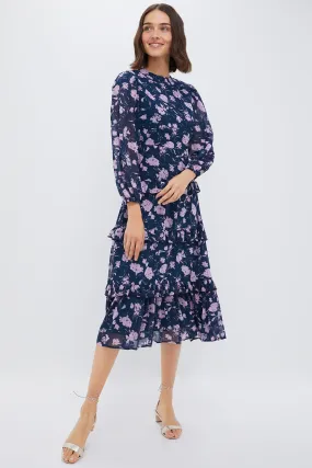 Navy & Blush Abstract Floral Rosalind Ruffle Maxi Dress