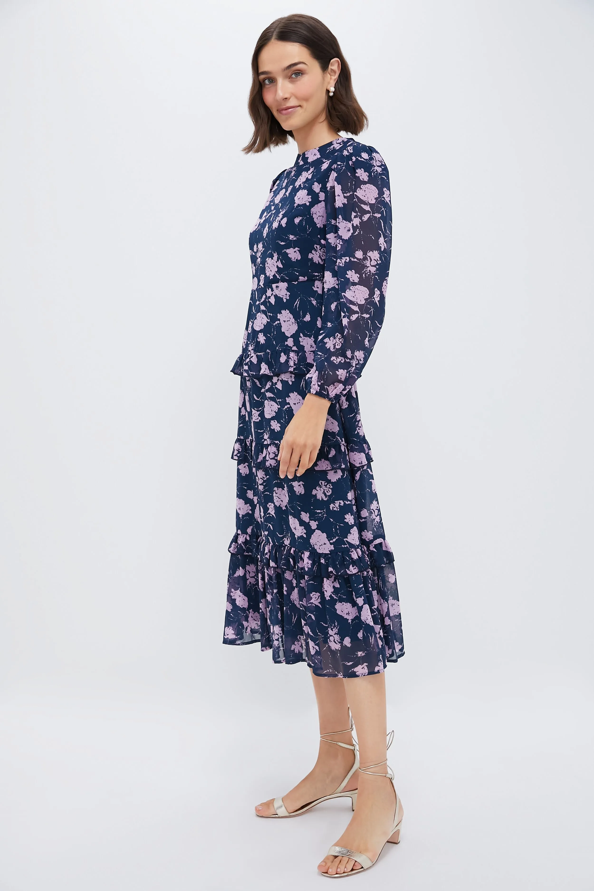 Navy & Blush Abstract Floral Rosalind Ruffle Maxi Dress