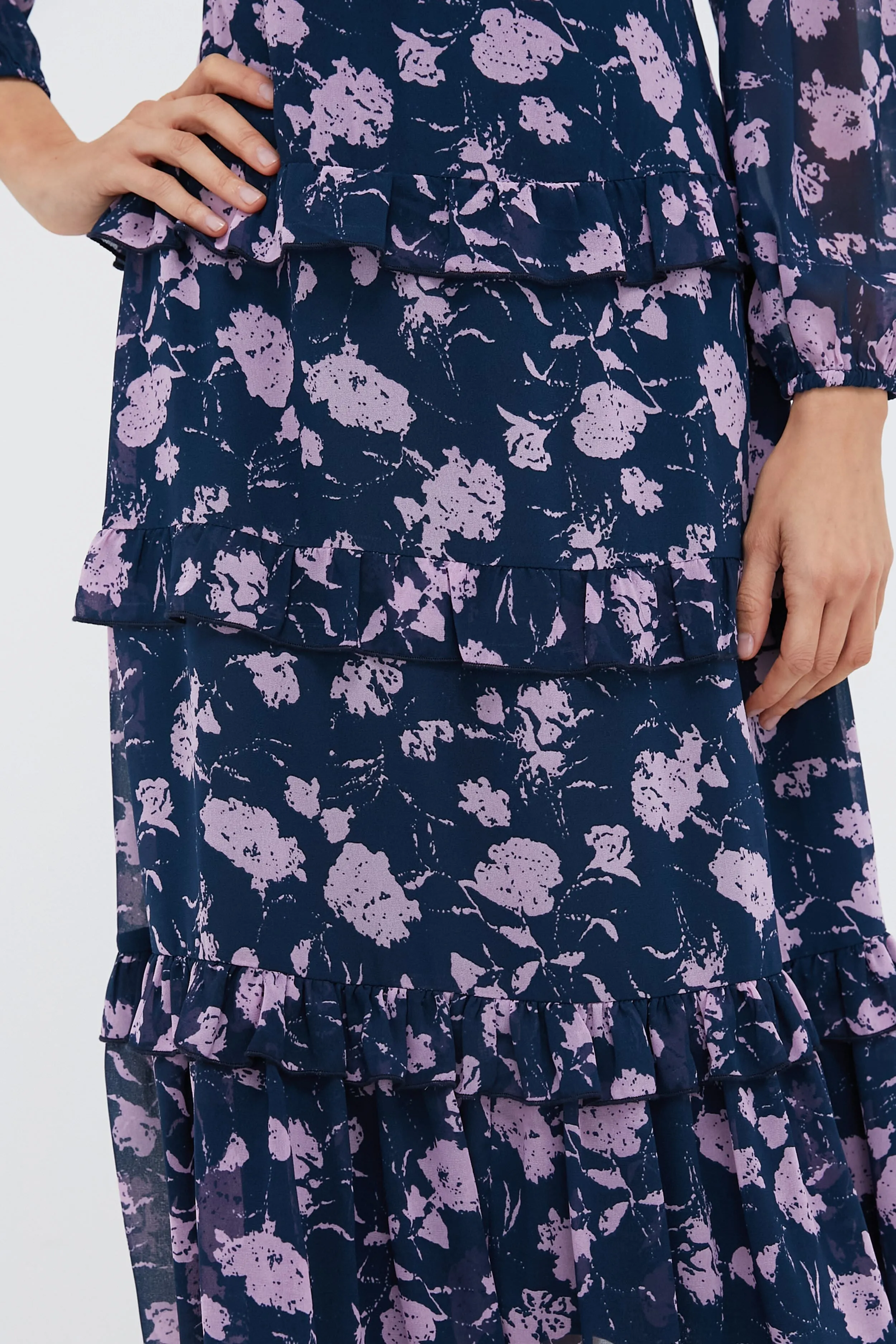 Navy & Blush Abstract Floral Rosalind Ruffle Maxi Dress